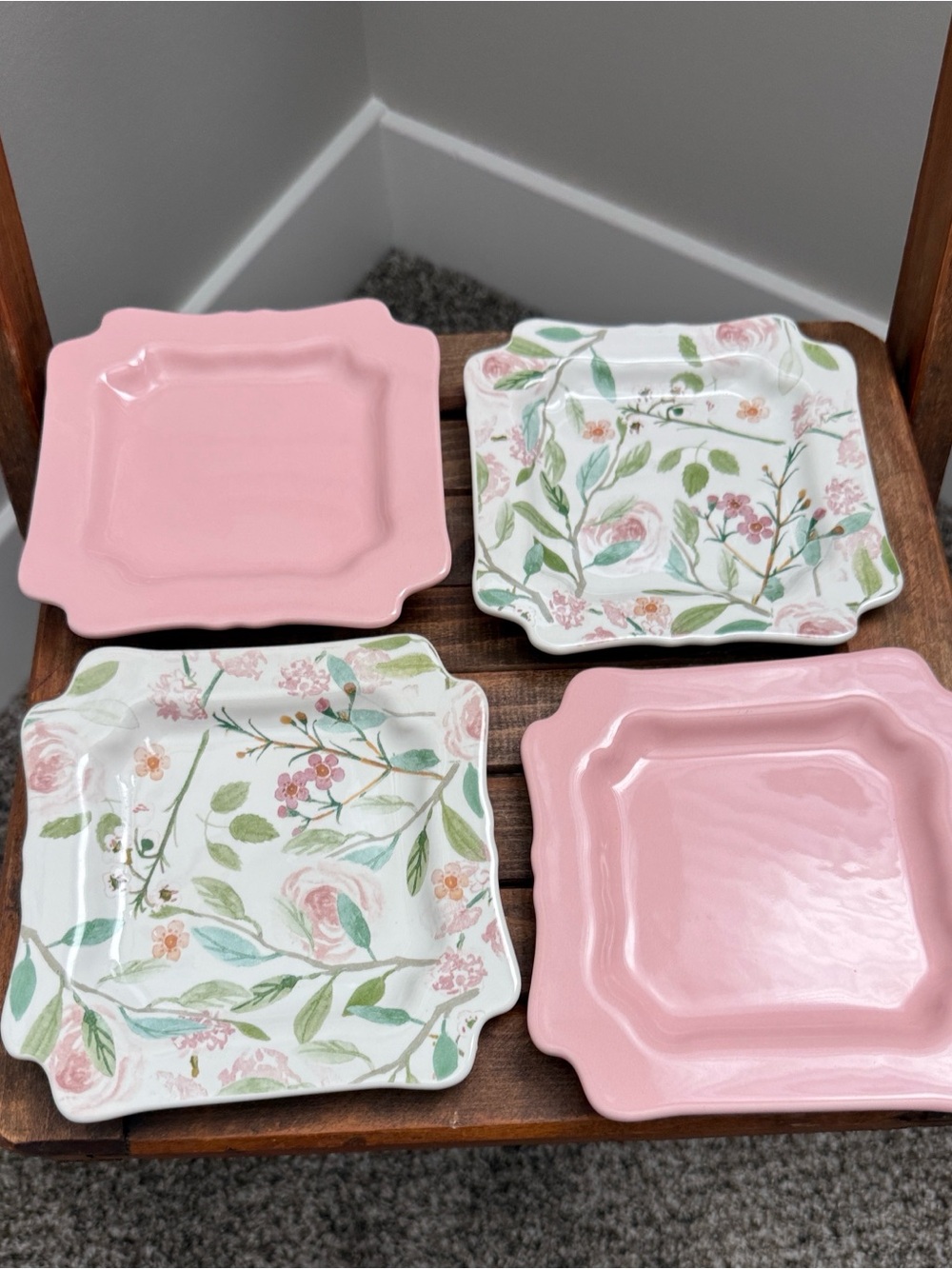 Sweet Laurel Floral & Pink Square Dessert Plates Set of 4 Cottagecore